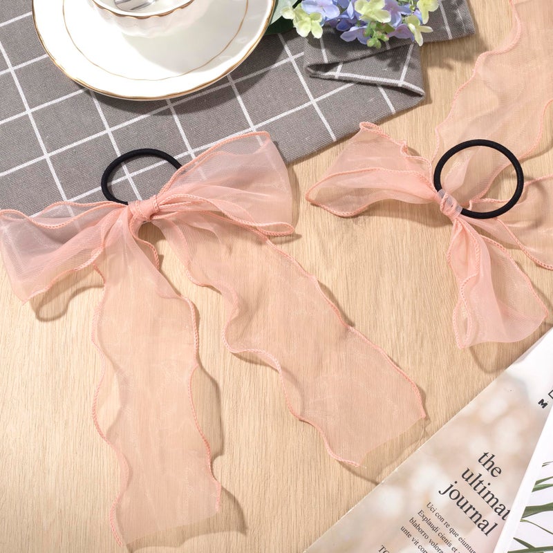 STSTR 2Pcs Large Bow Hair Ties, Pink Organza Ribbon Bow Hair Scrunchies for Women, Elegant Long Tail Bowknot Ponytail Holder French Hair Accessories for Wedding, Parties, Festivals - Image 3